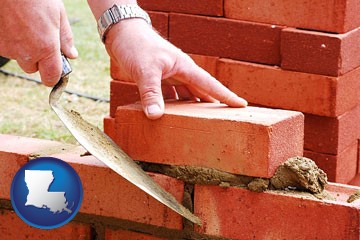 a bricklayer laying brick, building a brick wall - with Louisiana icon